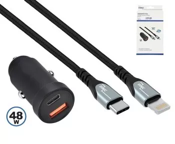 USB KFZ 48W C+A Schnelllader + Lightning Kabel, 48W USB KFZ Lader + USBC - Lightning HQ Kabel, schwarz, DINIC Box mit Euroloch, 1m