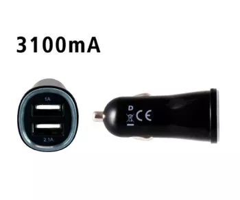 DINIC USB-bilopladeradapter 12-24V til 2 x USB 5V 3.1A USB type A, 1x 1000mA + 1x 2100mA, CE, sort, DINIC polybag
