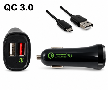 USB KFZ Q3 Charger, Ladeadapter+microUSB Kabel, Ausg. 1: 5V 2,4A; Ausg. 2: 5V/3A, 9V/2A, 12V/1,5A, schwarz, DINIC Box mit Euroloch, 1m