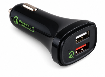 USB KFZ Q3 Charger, Ladeadapter+microUSB Kabel, Ausg. 1: 5V 2,4A; Ausg. 2: 5V/3A, 9V/2A, 12V/1,5A, schwarz, DINIC Box mit Euroloch, 1m