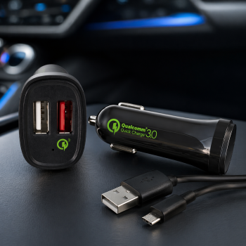 USB KFZ Q3 Charger, Ladeadapter+microUSB Kabel, Ausg. 1: 5V 2,4A; Ausg. 2: 5V/3A, 9V/2A, 12V/1,5A, schwarz, DINIC Box mit Euroloch, 1m