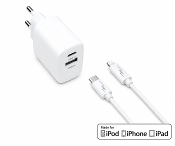 USB C+A charging set 20W, PD, Lightning/C 20W, 3.6V~5.9V/3A; 6~9V/2A; 9V~12V/1.5A, white, DINIC box with Euro hole, 1m