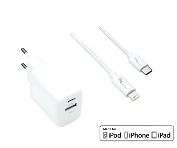 USB C+A lataussarja 20W, PD, Lightning/C 20W, 3.6V~5.9V/3A; 6~9V/2A; 9V~12V/1.5A, valkoinen, DINIC-kotelo, jossa on euroreikä, 1m