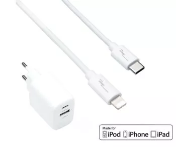 USB C+A Lade-Set 20W, PD, Lightning/C 20W, 3,6V~5,9V/3A; 6~9V/2A; 9V~12V/1,5A, weiß, DINIC Box mit Euroloch, 1m