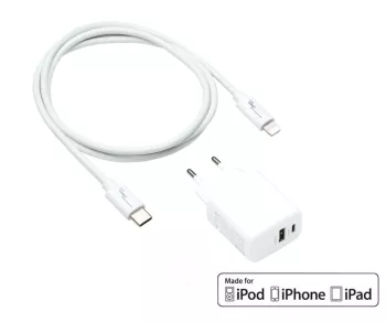 USB C+A Lade-Set 20W, PD, Lightning/C 20W, 3,6V~5,9V/3A; 6~9V/2A; 9V~12V/1,5A, weiß, DINIC Box mit Euroloch, 1m