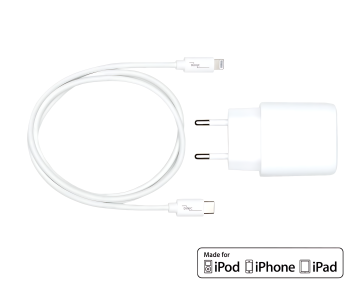 USB C+A lataussarja 20W, PD, Lightning/C 20W, 3.6V~5.9V/3A; 6~9V/2A; 9V~12V/1.5A, valkoinen, DINIC-kotelo, jossa on euroreikä, 1m