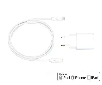 USB C+A Lade-Set 20W, PD, Lightning/C 20W, 3,6V~5,9V/3A; 6~9V/2A; 9V~12V/1,5A, weiß, DINIC Box mit Euroloch, 1m