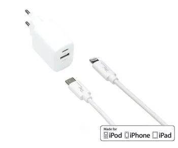 USB C+A Lade-Set 20W, PD, Lightning/C 20W, 3,6V~5,9V/3A; 6~9V/2A; 9V~12V/1,5A, weiß, DINIC Box mit Euroloch, 1m