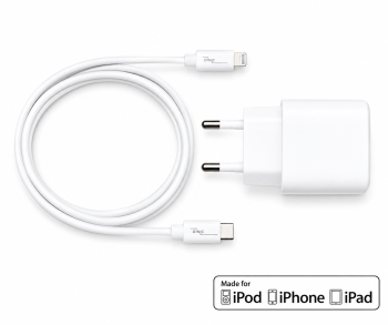 USB C+A Lade-Set 20W, PD, Lightning/C 20W, 3,6V~5,9V/3A; 6~9V/2A; 9V~12V/1,5A, weiß, DINIC Box mit Euroloch, 2m