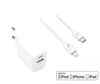 USB C+A Lade-Set 20W, PD, Lightning/C 20W, 3,6V~5,9V/3A; 6~9V/2A; 9V~12V/1,5A, weiß, DINIC Box mit Euroloch, 2m