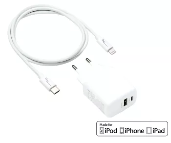 USB C+A Lade-Set 20W, PD, Lightning/C 20W, 3,6V~5,9V/3A; 6~9V/2A; 9V~12V/1,5A, weiß, DINIC Box mit Euroloch, 2m