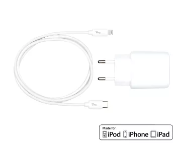 USB C+A Lade-Set 20W, PD, Lightning/C 20W, 3,6V~5,9V/3A; 6~9V/2A; 9V~12V/1,5A, weiß, DINIC Box mit Euroloch, 2m