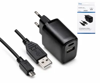 Adaptateur de charge USB PD/QC 3.0 avec câble micro USB 20W, 3,6V~5,9V/3A ; 6~9V/2A ; 9V~12V/1,5A, noir, boîte DINIC avec trou européen, 2m