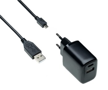 USB PD/QC 3.0 charging adapter incl. micro USB cable 20W, 3.6V~5.9V/3A; 6~9V/2A; 9V~12V/1.5A, black, DINIC box with Euro hole, 2m
