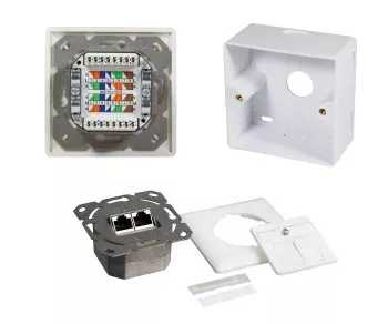 Presa di rete Cat.6/5 doppia, RJ45, universale da incasso e da superficie, schermata, LSA, scatola di cartone