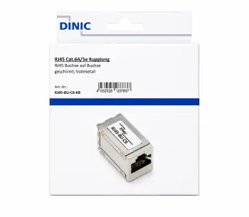 DINIC RJ45 Cat.6A/5e Kupplung Buchse auf Buchse RJ45 Bu./Bu., geschirmt, Vollmetall, DINIC Box mit Euroloch
