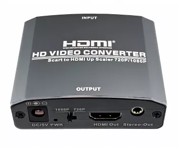 SCART-HDMI adapter, analogue video and audio to HDMI up to 1080p@60Hz, DINIC box with Eurohole, cable length 1.10m