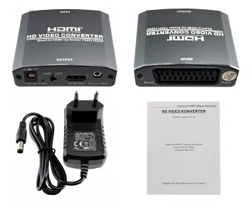 SCART-HDMI adapter, analogue video and audio to HDMI up to 1080p@60Hz, DINIC box with Eurohole, cable length 1.10m