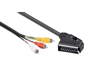 Cablu Scart DINIC, 3x fișă RCA la fișă Scart, comutator IN/OUT, lungime 2,00m, blister