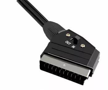 DINIC scart till cinch-kabel, scartkontakt - 3x cinchkontakt, IN/OUT-omkopplare, DINIC-dosa med eurohål, längd 2m