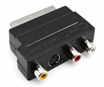 Ficha scart DINIC com interrutor IN/OUT, tomada RCA de 3 pinos e tomada mini DIN de 4 pinos, caixa DINIC com orifício europeu