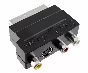 DINIC scart plug with IN/OUT switch, 3x RCA socket and 4-pin mini DIN socket, DINIC box with Euro hole