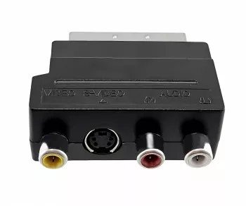 DINIC scart plug with IN/OUT switch, 3x RCA socket and 4-pin mini DIN socket, DINIC box with Euro hole