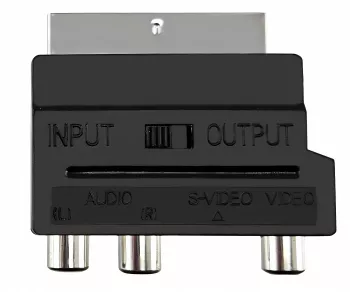 DINIC scart plug with IN/OUT switch, 3x RCA socket and 4-pin mini DIN socket, DINIC box with Euro hole