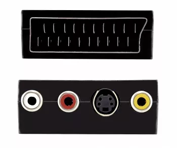 DINIC scart plug with IN/OUT switch, 3x RCA socket and 4-pin mini DIN socket, DINIC box with Euro hole
