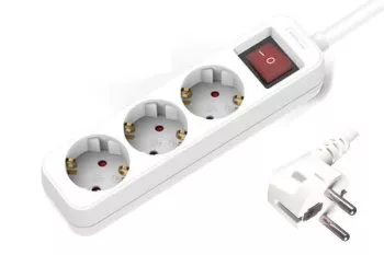 Power strip, 3-way, with switch, GS, CE, white, cable length 1.30m