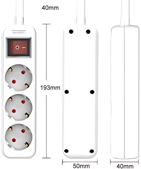 Socket strip, 3-way, with switch, GS, CE, white, cable length 1.30m