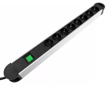 Multiple socket outlet with overvoltage protection, 8-way aluminium, 1.4m cable, slim design
