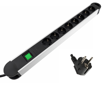 Multiple socket outlet with overvoltage protection, 8-way aluminium, 1.4m cable, slim design