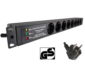 19-inch socket strip aluminium, 8-way, overvoltage protection, LED, GS, black, cable length 1.80m