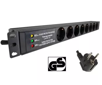 19-inch socket strip aluminium, 8-way, overvoltage protection, LED, GS, black, cable length 1.80m