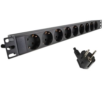 19 inch socket strip aluminium, 9-way, GS, black, cable length 1.80m