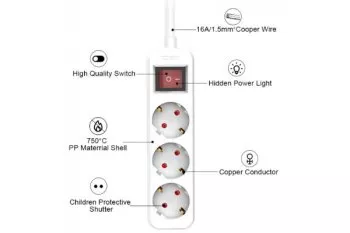 Regleta de enchufes, 3 vías, con interruptor, GS, CE, blanco, longitud de cable 1,30 m