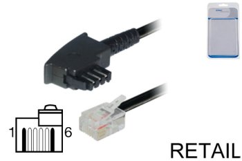 Cable de conexión de clavija TAE-F a clavija Western 6/2 tipo DEC con toma desplazada, longitud 6,00 m, blíster