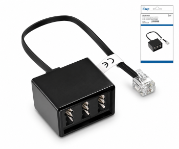 TAE Verteiler 3x TAE N/F/F Buchse auf RJ11/RJ45 Stecker (6P4C), schwarz, DINIC Box mit Euroloch, Länge 0,20m