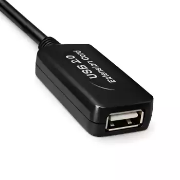 USB 2.0 verlenging ACTIEF, A mannelijk/vrouwelijk, UL 2725, dubbel afgeschermd, zwart, DINIC polyzak, lengte 5,00m