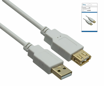 DINIC USB 2.0 HQ pikendus A isane kuni A emane, 28 AWG / 2C, 26 AWG / 2C, valge, DINIC karp euroava, pikkus 2,00m.