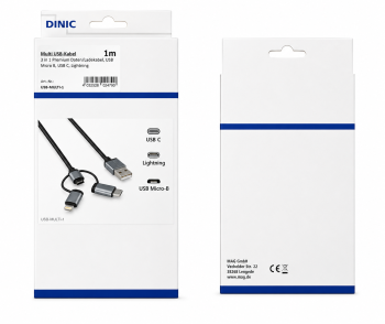 Câble de données/chargeur USB 3 in1 Premium, USB A vers 1x USB C / 1x Micro USB ou 1x Lightning, boîte DINIC avec trou européen, 1,00m