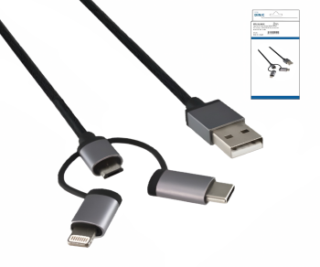 Câble de données/chargeur USB 3 in1 Premium, USB A vers 1x USB C / 1x Micro USB ou 1x Lightning, boîte DINIC avec trou européen, 1,00m