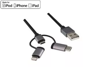 USB 3 in1 premium data/charging cable, USB A to 1x USB C / 1x Micro USB or 1x Lightning, DINIC box with Euro hole, 1.00m