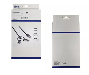 USB 3 in1 premium data/charging cable, USB A to 1x USB C / 1x Micro USB or 1x Lightning, DINIC box with Euro hole, 1.00m
