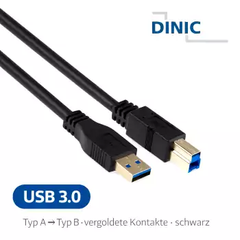 Cable USB 3.0 de conector A a conector B, contactos dorados, negro, 2,00 m, caja DINIC