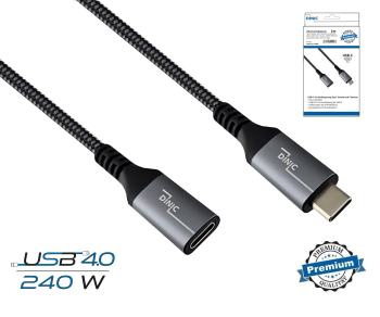 Prolunga DINIC USB 4.0, 240W PD, 40Gbps, da tipo C a C, spina in alluminio, cavo in nylon, nero, scatola con foro Euro, 1m