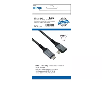 DINIC Câble USB C 4.0, droit sur angle 90°, PD 240W, 40Gbps, alu mâle, câble nylon, 0.50m