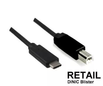 USB Kabel Typ C auf USB 2.0 B Stecker, schwarz, 2,00m, DINIC Blister