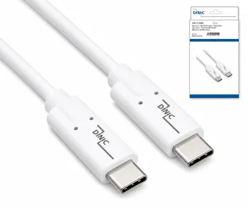 USB 3.2 кабел за пренос на данни и зареждане, тип C-C щепсел, поддържа 100W (20V/5A) зареждане, бял, DINIC кутия с евроотвор, 2 м
